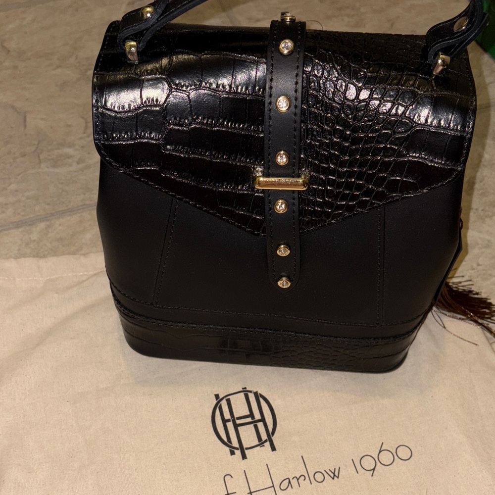House of Harlow 1960 Black Croc-Embossed Backpack